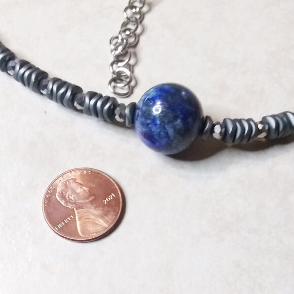 Lapis Lazuli & Hematite! Wear as a Choker or Wrap Bracelet! 15.5" + 3" Extender - Picture 5 of 7